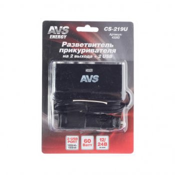 749 р. Разветвитель прикуривателя 2-х гнездовой 12-24V 2USB AVS AVS 43262  с доставкой в г. Пермь. Увеличить фотографию 1