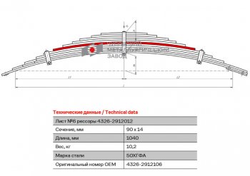 4 299 р. Лист рессоры КАМАЗ-4326 задней №6 L=1040мм ЧМЗ ЧМЗ 4326-2912106 ЧМЗ 4326-2912106  с доставкой в г. Пермь. Увеличить фотографию 1
