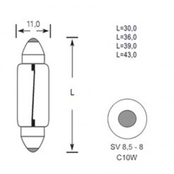 31 р. Лампа 12V C10W SV8.5-8 30мм 110лм TESLAFT (Россия) TESLAFT 4631111143179  с доставкой в г. Пермь. Увеличить фотографию 2