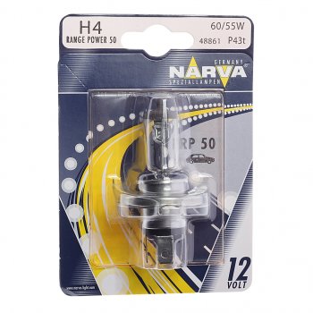 529 р. Лампа 12V H4 6055W P43t-38 +50% блистер (1шт.) Range Power 50+ NARVA NARVA 488614000  с доставкой в г. Пермь. Увеличить фотографию 1