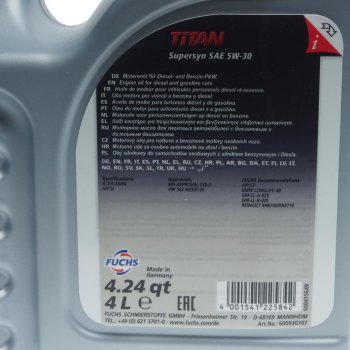 5 299 р. Масло моторное TITAN Supersyn 5W30 синт.4л FUCHS FUCHS 600930721 FUCHS 600930721  с доставкой в г. Пермь. Увеличить фотографию 2