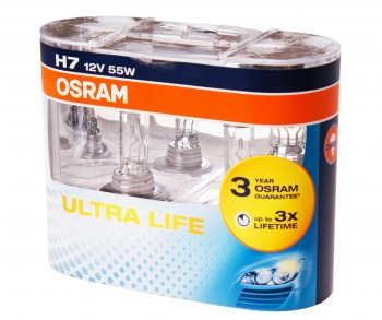1 399 р. Лампа 12V H7 55W PX26d бокс (2шт.) Ultra Life OSRAM OSRAM 64210ult-hcb  с доставкой в г. Пермь. Увеличить фотографию 1