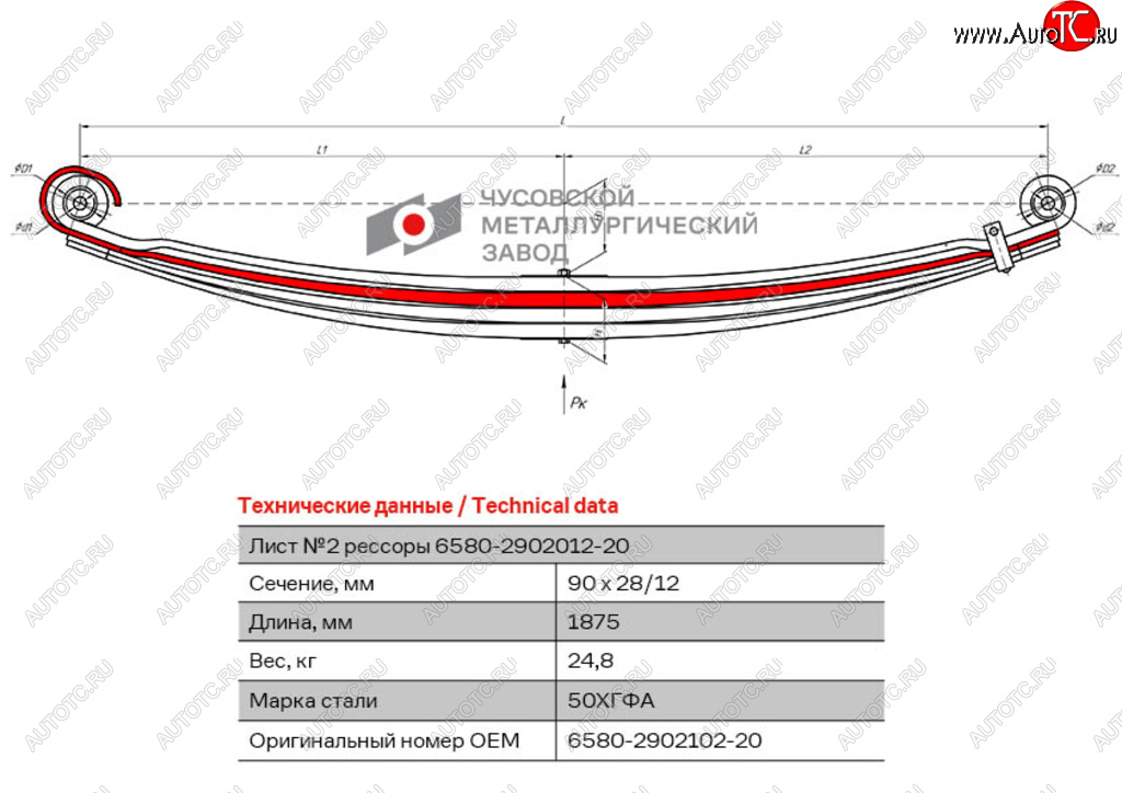 17 749 р. Лист рессоры КАМАЗ-6580 передней №2 L=1875мм ЧМЗ ЧМЗ 6580-2902102-20  с доставкой в г. Пермь