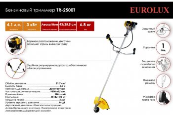 8 499 р. Газонокосилка (триммер) бензиновая 51.7куб.см, 3000Вт, захват 43см, леска+нож EUROLUX EUROLUX 70219  с доставкой в г. Пермь. Увеличить фотографию 2