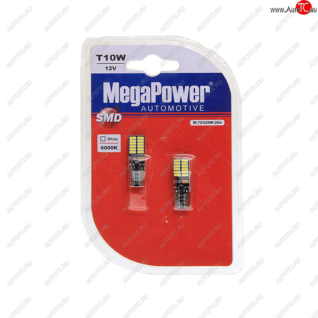 379 р. Лампа светодиодная 12V W5W T10 W2.1x9.5d 6000K 24 LED блистер (2шт.) MEGAPOWER MEGAPOWER-AUTOMOTIVE 70329w-2бл  с доставкой в г. Пермь