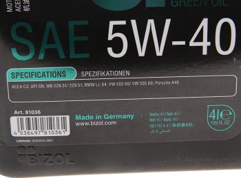 5 299 р. Масло моторное GREEN Oil+ 5W40 синт.4л BIZOL BIZOL 81036 BIZOL 81036  с доставкой в г. Пермь. Увеличить фотографию 2