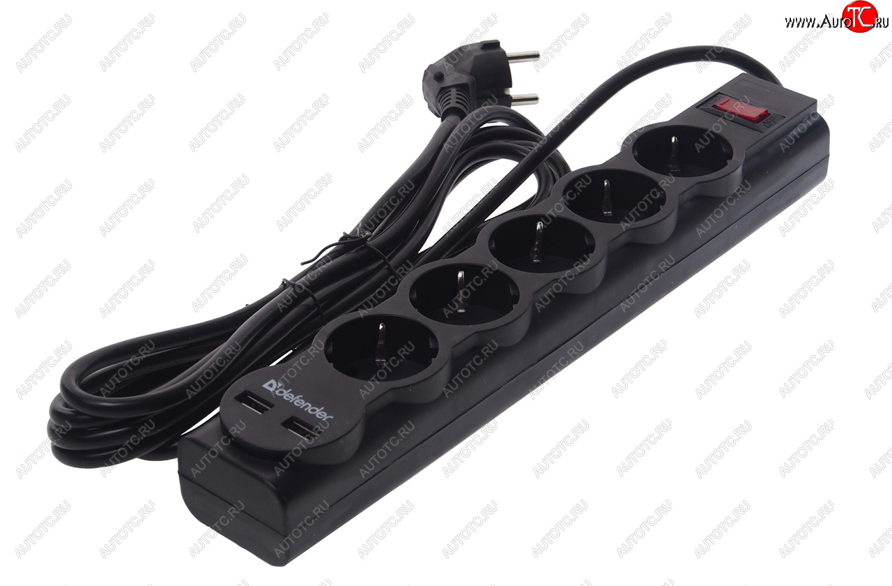 869 р. Фильтр сетевой 3м 10А 2200Вт 5 гнезд + 2 USB с заземлением черный DEFENDER DEFENDER 99753  с доставкой в г. Пермь