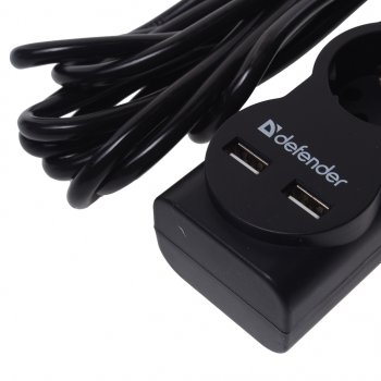 929 р. Фильтр сетевой 5м 10А 2200Вт 5 гнезд + 2 USB с заземлением черный DEFENDER DEFENDER 99755  с доставкой в г. Пермь. Увеличить фотографию 3