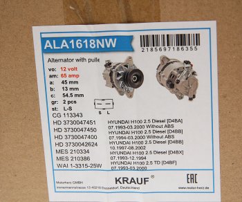 13 349 р. Генератор HYUNDAI Porter (12V,65А) двойной шкив KRAUF KRAUF ala1618nw  с доставкой в г. Пермь. Увеличить фотографию 5