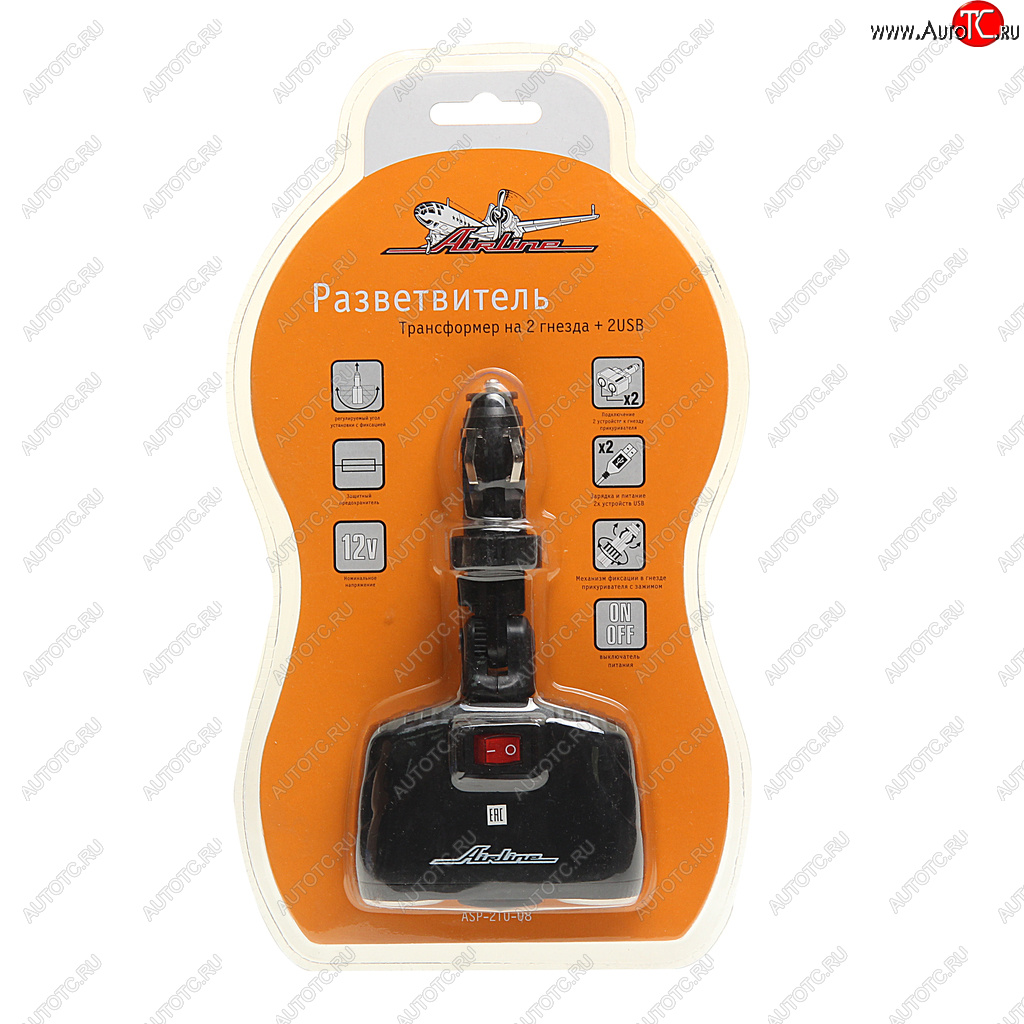919 р. Разветвитель прикуривателя 2-х гнездовой 12V 2USB AIRLINE AIRLINE asp-2tu-08  с доставкой в г. Пермь