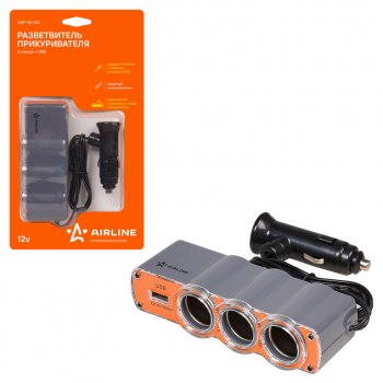 499 р. Разветвитель прикуривателя 3-х гнездовой 12V 1USB AIRLINE AIRLINE asp-3u-03  с доставкой в г. Пермь. Увеличить фотографию 2