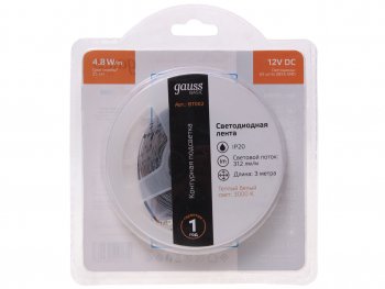 329 р. Лента светодиодная гибкая 4.8W 3м IP20 12V теплый белый (блистер) Basic GAUSS GAUSS bt002 GAUSS bt002  с доставкой в г. Пермь. Увеличить фотографию 1