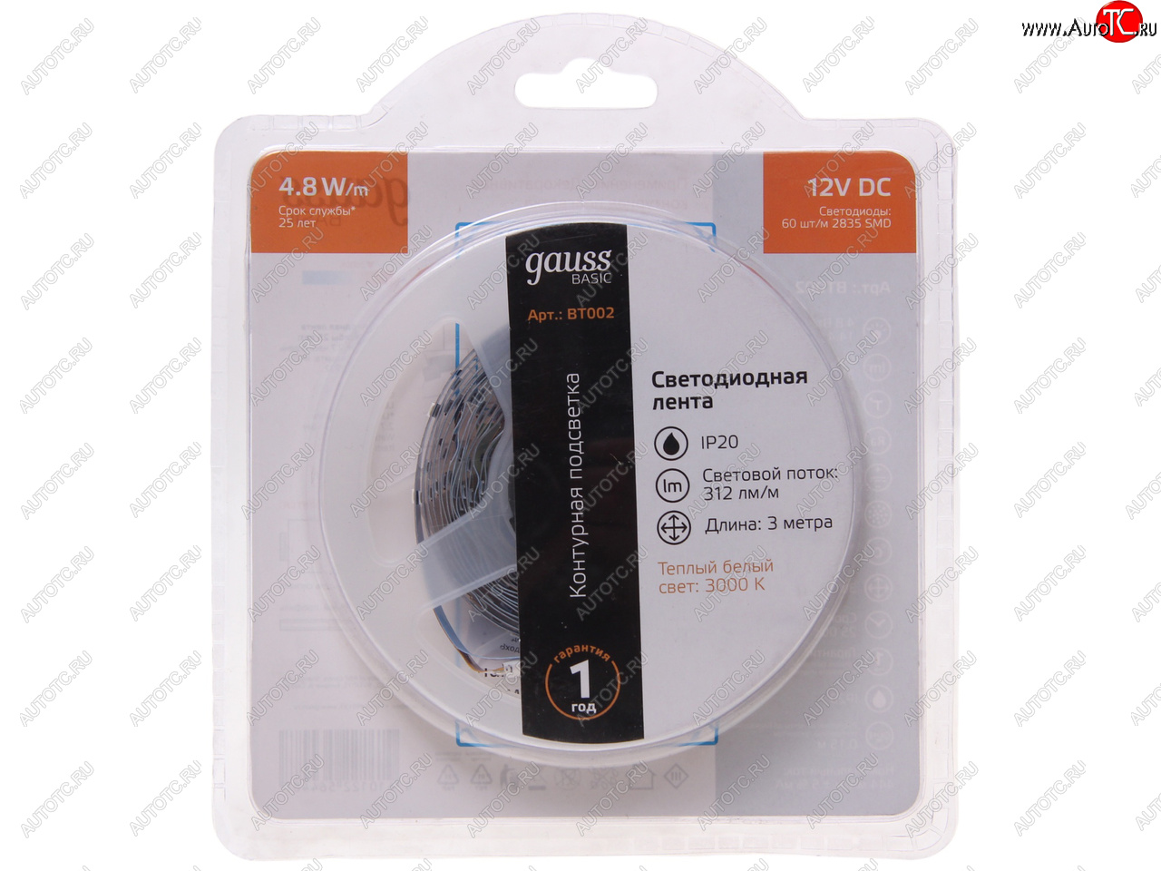 329 р. Лента светодиодная гибкая 4.8W 3м IP20 12V теплый белый (блистер) Basic GAUSS GAUSS bt002 GAUSS bt002  с доставкой в г. Пермь