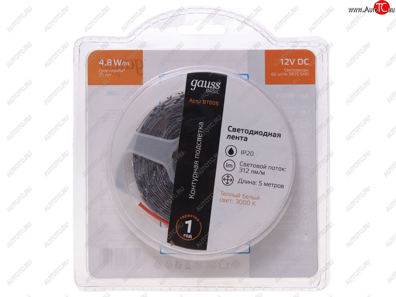 469 р. Лента светодиодная гибкая 4.8W 5м IP20 12V теплый белый (блистер) Basic GAUSS GAUSS bt005  с доставкой в г. Пермь
