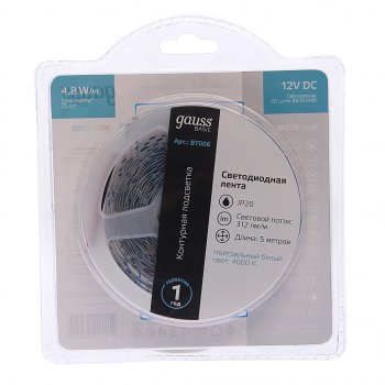 449 р. Лента светодиодная гибкая 4.8W 5м IP20 12V холодный белый (блистер) Basic GAUSS GAUSS bt006  с доставкой в г. Пермь. Увеличить фотографию 1