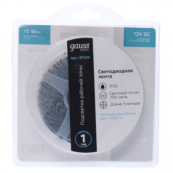 759 р. Лента светодиодная гибкая 10W 5м IP20 12V холодный белый (блистер) Basic GAUSS GAUSS bt040 GAUSS bt040  с доставкой в г. Пермь. Увеличить фотографию 1