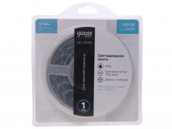1 099 р. Лента светодиодная гибкая 10W 5м IP65 12V холодный белый (блистер) Basic GAUSS GAUSS bt053 GAUSS bt053  с доставкой в г. Пермь. Увеличить фотографию 1