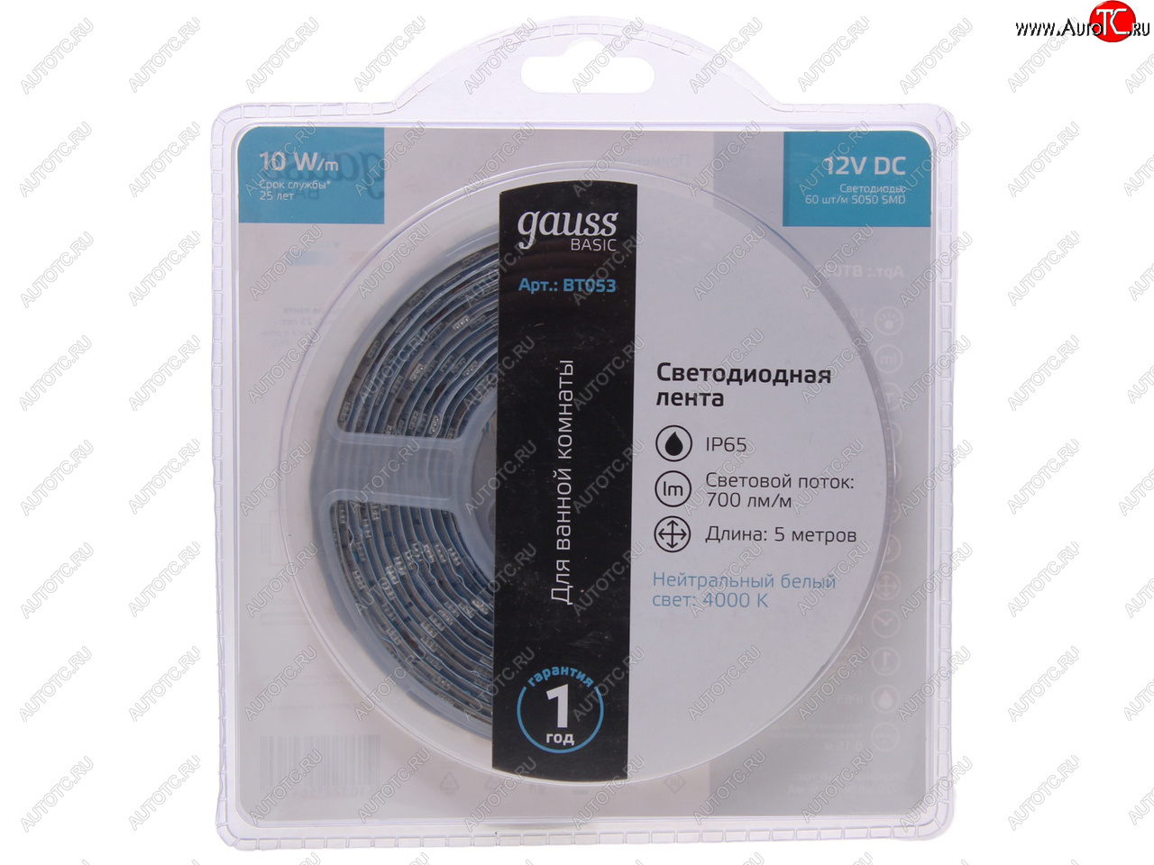 1 099 р. Лента светодиодная гибкая 10W 5м IP65 12V холодный белый (блистер) Basic GAUSS GAUSS bt053 GAUSS bt053  с доставкой в г. Пермь