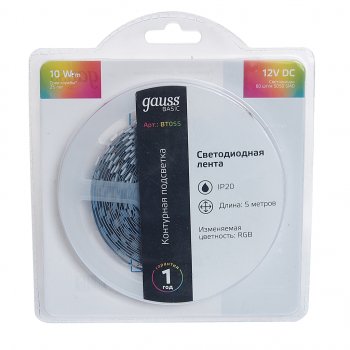 849 р. Лента светодиодная гибкая 10W 5м IP20 12V RGB (блистер) Basic GAUSS GAUSS bt055  с доставкой в г. Пермь. Увеличить фотографию 1