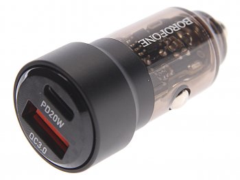 619 р. Устройство зарядное в прикуриватель 1USB + 1 Type C 12V BOROFONE BOROFONE bz20 transparent black  с доставкой в г. Пермь. Увеличить фотографию 1
