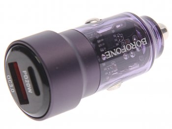 619 р. Устройство зарядное в прикуриватель 1USB + 1 Type C 12V BOROFONE BOROFONE bz20 transparent purple  с доставкой в г. Пермь. Увеличить фотографию 1