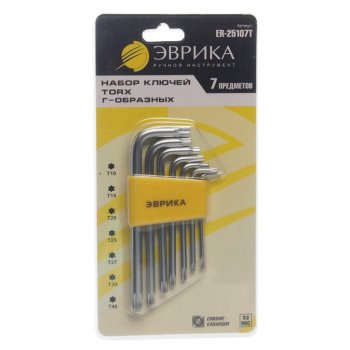 299 р. Набор ключей TORX T10-Т40 Г-образных 7 предметов ЭВРИКА ЭВРИКА er-25107t  с доставкой в г. Пермь. Увеличить фотографию 1