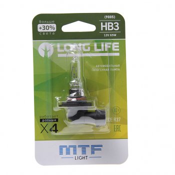 419 р. Лампа 12V HB3 65W P20d +30% блистер (1шт.) Long Life MTF MTF hll12b3b  с доставкой в г. Пермь. Увеличить фотографию 1