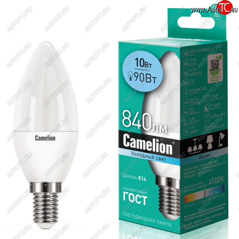 124 р. Лампа светодиодная E14 С35 10W (90W) 220V холодный Ultra CAMELION CAMELION led10-c35845e14  с доставкой в г. Пермь