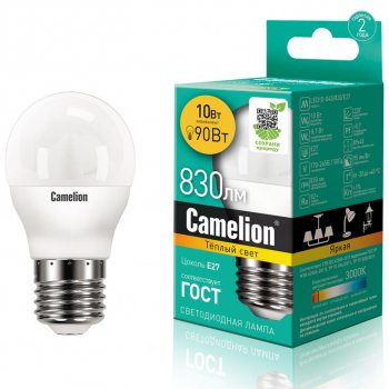 165 р. Лампа светодиодная E27 G45 10W (90W) 220V теплый Ultra CAMELION CAMELION led10-g45830e27  с доставкой в г. Пермь. Увеличить фотографию 1