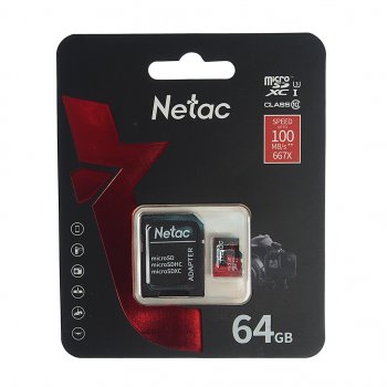 599 р. Карта памяти 64GB MicroSD class 10 + SD адаптер NETAC NETAC nt02p500pro-064g-r  с доставкой в г. Пермь. Увеличить фотографию 1