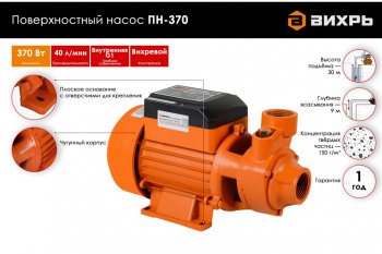 3 999 р. Насос поверхностный 370Вт 45лмин., напор-30м, подача-9м, чугун ВИХРЬ ВИХРЬ пн-370  с доставкой в г. Пермь. Увеличить фотографию 3