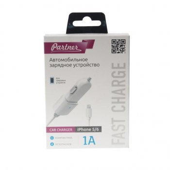 399 р. Устройство зарядное в прикуриватель 12V 1A встроенный кабель iPhone (5-) PARTNER PARTNER prt-028254  с доставкой в г. Пермь. Увеличить фотографию 2