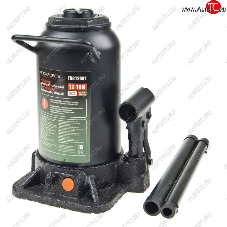 10 349 р. Домкрат бутылочный 12т 242-598мм 2-х плунжерный ROCKFORCE ROCKFORCE rf-th812001  с доставкой в г. Пермь