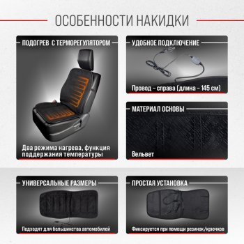 1 779 р. Накидка на сиденье с подогревом 12V с терморегулятором черная SKYWAY SKYWAY s02201018  с доставкой в г. Пермь. Увеличить фотографию 2