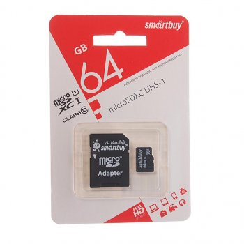 519 р. Карта памяти 64GB MicroSD class 10 + SD адаптер SMART BUY SMART BUY sb64gbsdcl10-01  с доставкой в г. Пермь. Увеличить фотографию 1