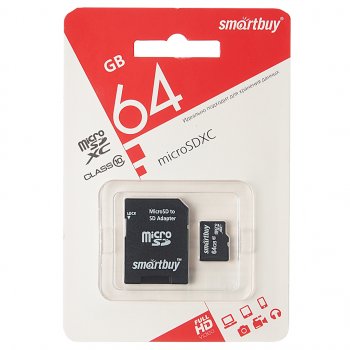 499 р. Карта памяти 64GB MicroSD class 10 + SD адаптер SMART BUY SMART BUY sb64gbsdcl10-01le  с доставкой в г. Пермь. Увеличить фотографию 1