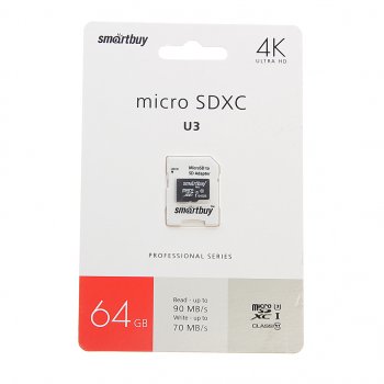 759 р. Карта памяти 64GB MicroSD class 10 + SD адаптер SMART BUY SMART BUY sb64gbsdcl10u3-01  с доставкой в г. Пермь. Увеличить фотографию 1