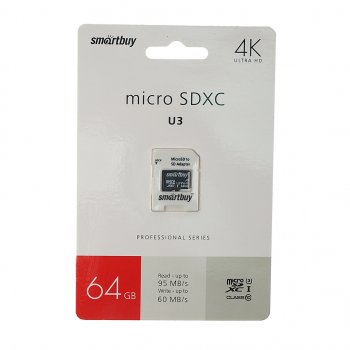 669 р. Карта памяти 64GB MicroSD class 10 + SD адаптер SMART BUY SMART BUY sb64gbsdcl10u3l-01  с доставкой в г. Пермь. Увеличить фотографию 1