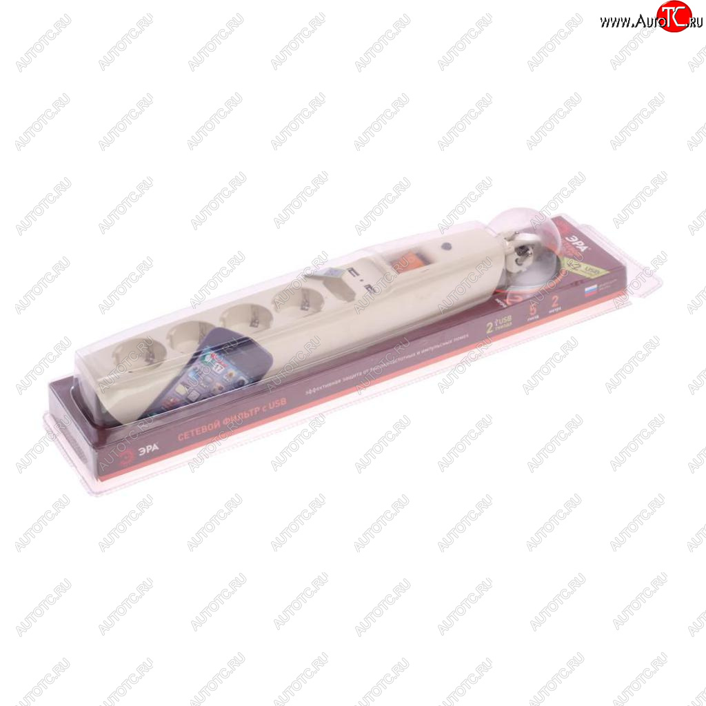 1 689 р. Фильтр сетевой 2м 10А 2200Вт 5 гнезд + 2 USB с заземлением бежевый ЭРА ЭРА sfu-5es-2m-i  с доставкой в г. Пермь