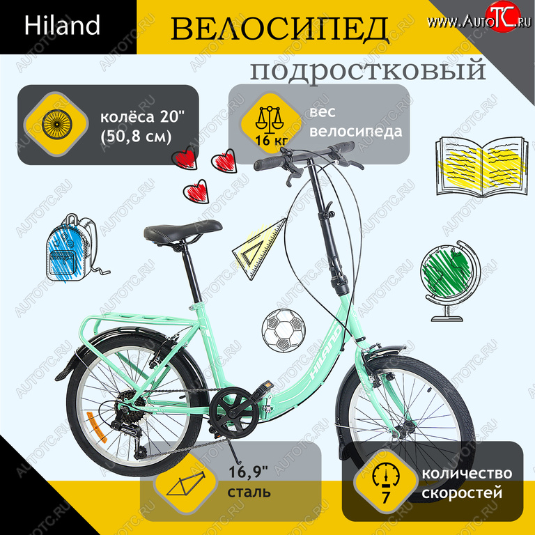 14 249 р. Велосипед 20 7-ск. складной бирюзовый HILAND HILAND t18b704 b HILAND t18b704 b  с доставкой в г. Пермь