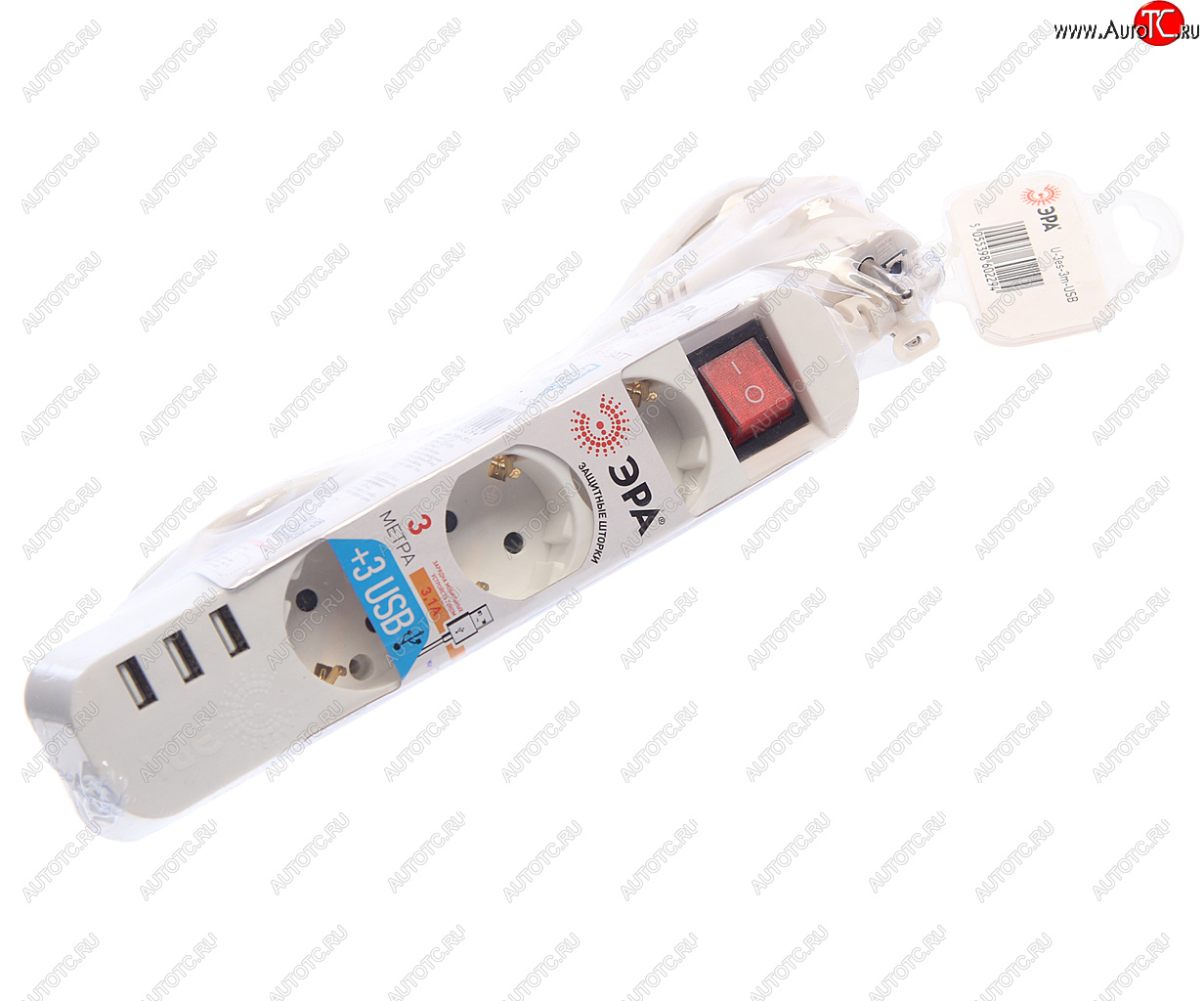 1 199 р. Фильтр сетевой 3м 10А 2200Вт 3 гнезда + 3 USB с заземлением белый ЭРА ЭРА u-3es-3m-usb  с доставкой в г. Пермь