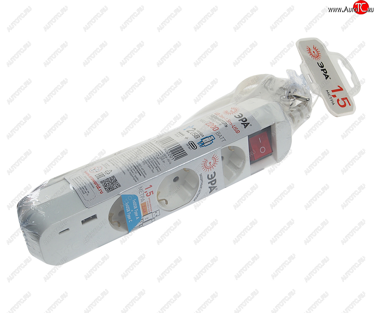 789 р. Фильтр сетевой 1.5м 10А 2200Вт 3 гнезда + 1 USB A 1 Type C с заземлением белый ЭРА ЭРА ub-3es-1,5m-usb  с доставкой в г. Пермь