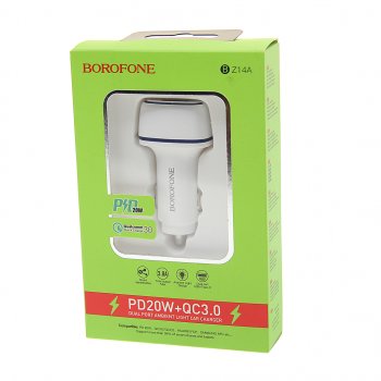 499 р. Устройство зарядное в прикуриватель 1USB + 1 Type C 12V белое BOROFONE BOROFONE bz14a white  с доставкой в г. Пермь. Увеличить фотографию 1