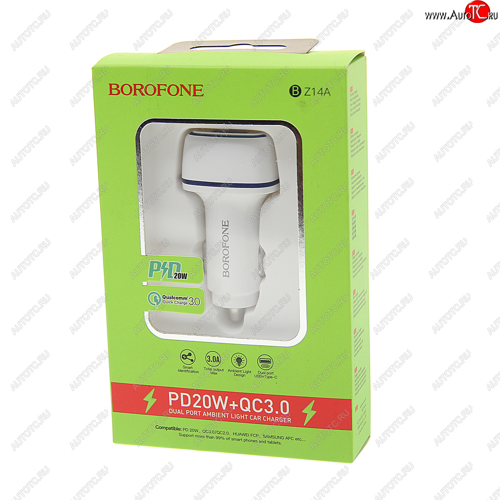 499 р. Устройство зарядное в прикуриватель 1USB + 1 Type C 12V белое BOROFONE BOROFONE bz14a white  с доставкой в г. Пермь