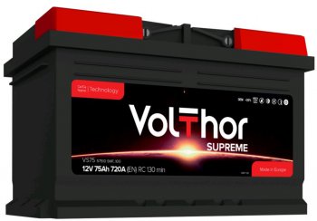 12 699 р. Аккумулятор VOLTHOR Supreme 75Ач обратная полярность,низкий VOLTHOR 6ст75(0) 57510  с доставкой в г. Пермь. Увеличить фотографию 1