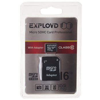 359 р. Карта памяти 16GB MicroSD class 10 + SD адаптер EXPLOYD EXPLOYD ex016gcsdhc10-ad  с доставкой в г. Пермь. Увеличить фотографию 1
