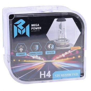 329 р. Лампа 12V H4 6055W P43t бокс (2шт.) Standart MEGAPOWER MEGAPOWER 370-33-022  с доставкой в г. Пермь. Увеличить фотографию 3