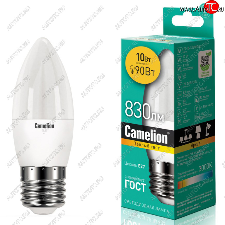 154 р. Лампа светодиодная E27 С35 10W (90W) 220V теплый Ultra CAMELION CAMELION led10-c35830e2  с доставкой в г. Пермь