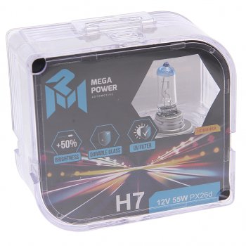 319 р. Лампа 12V H7 55W PX26d +50% бокс (2шт.) MEGAPOWER MEGAPOWER 370-33-029  с доставкой в г. Пермь. Увеличить фотографию 1