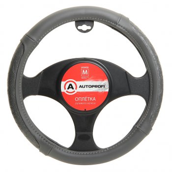 489 р. Оплетка руля (M) 37-39см серая экокожа узорная вставка AUTOPROFI AUTOPROFI ap-1962 gy (m)  с доставкой в г. Пермь. Увеличить фотографию 1